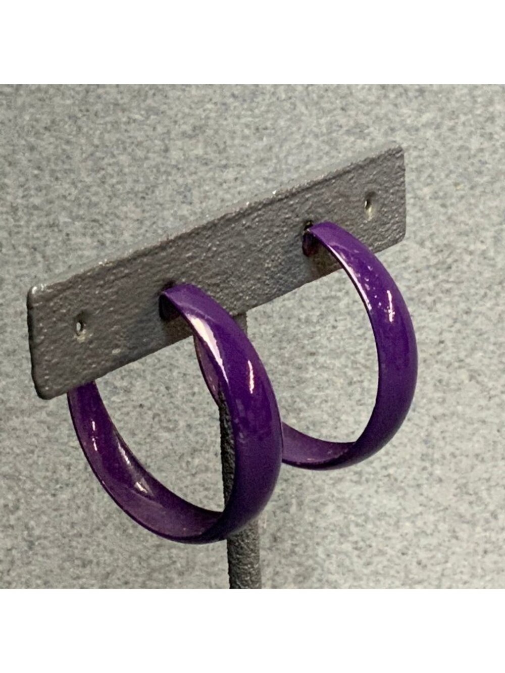 Retro Hoop Pierced Earrings 1.5 In As Is Glossy Purple Enamel Vintage 80s Funky